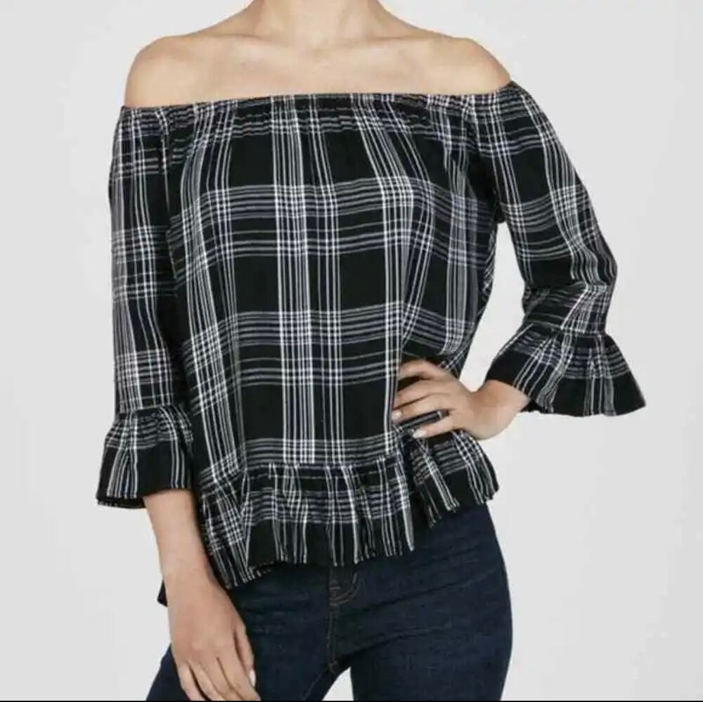 Beach Lunch Lounge Tunic XL Country Cowgirl Feminine Plaid Off Shoulder Ruffle